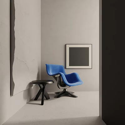 Modern Blue Leisure Chair With Black Small Round Table In Minimalist Gray Wall Interior 3d model