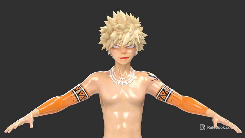 Game Movie Character with Spiky Blonde Hair Shirtless Torso White Necklace Orange Arm Guards 3d model 
