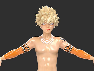 Game Movie Character with Spiky Blonde Hair Shirtless Torso White Necklace Orange Arm Guards 3d model