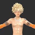 Game Movie Character with Spiky Blonde Hair Shirtless Torso White Necklace Orange Arm Guards