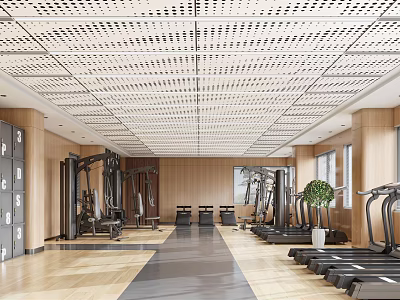 Spacious Modern Gym Interior With Perforated Ceiling Wooden Walls And Fitness Equipment 3d model