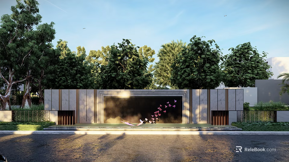 Modern Landscape Feature Wall With Green Trees Bird Decorations And Paved Ground 3d model 