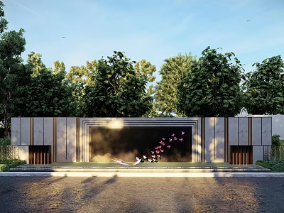 Modern Landscape Feature Wall With Green Trees Bird Decorations And Paved Ground 3d model