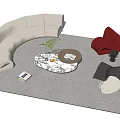 Sofa and Coffee Table Set Featuring White Curved Sofa Red Armchair Marble Table Green Plant