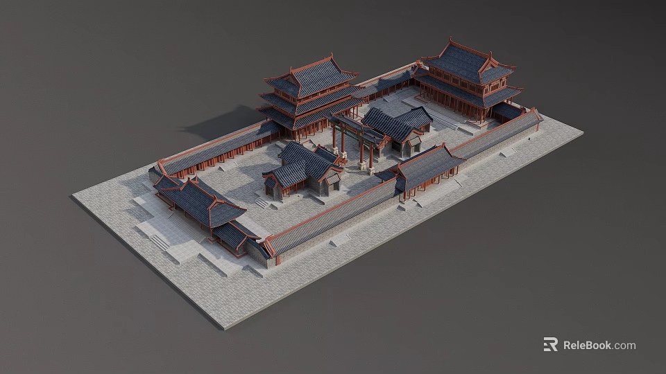 Ancient Chinese Architecture Complex With Courtyard Layout And Traditional Tile Roofs 3d model