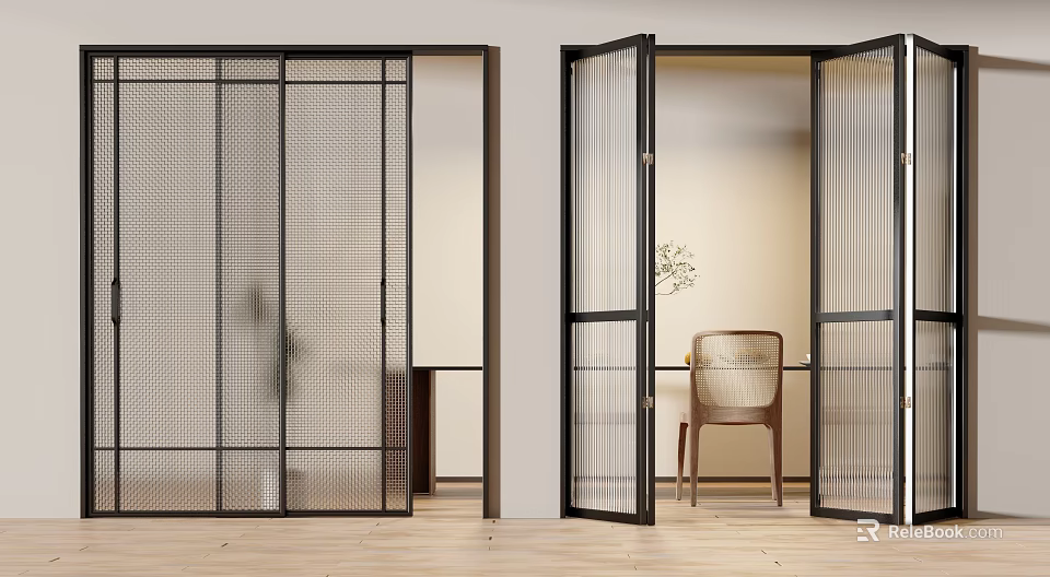 Modern Black Frame Sliding Doors With Grid Glass Open To Interior Room 3d model 