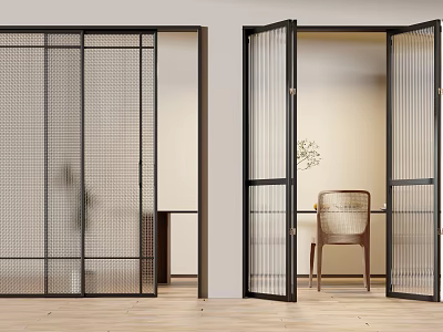 Modern Black Frame Sliding Doors With Grid Glass Open To Interior Room 3d model