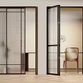 Modern Black Frame Sliding Doors With Grid Glass Open To Interior Room
