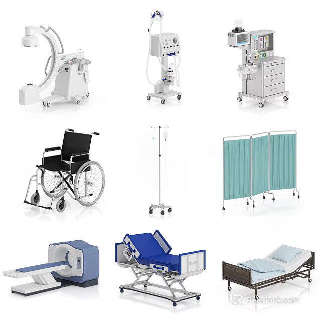 Essential Medical Equipment Including X Ray Machine Ventilator Wheelchair And Hospital Bed 3d model 