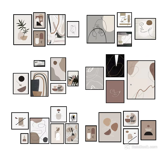 Modern Gallery Wall Interior With Abstract Prints Diverse Frames And Warm Tones 3d model