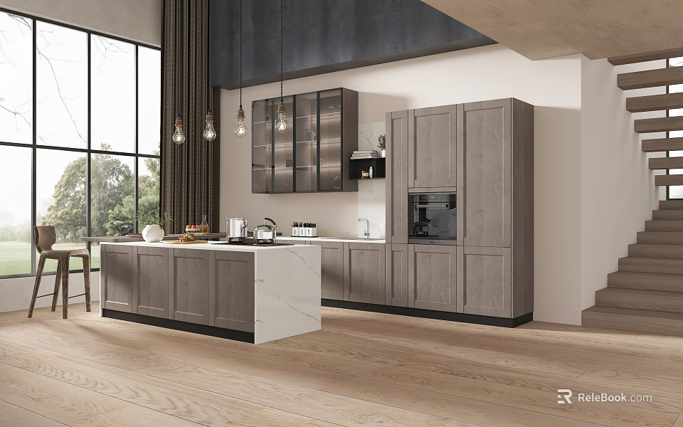 Gray Cabinets In Modern Kitchen Featuring Glass Door Island White Countertop Wooden Floor Large Windows 3d model 