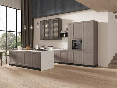 Gray Cabinets In Modern Kitchen Featuring Glass Door Island White Countertop Wooden Floor Large Windows 3d model