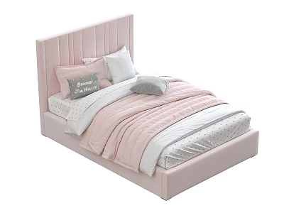 Pink Single Bed With Upholstered Headboard Multiple Pillows And Cozy Bedding 3d model