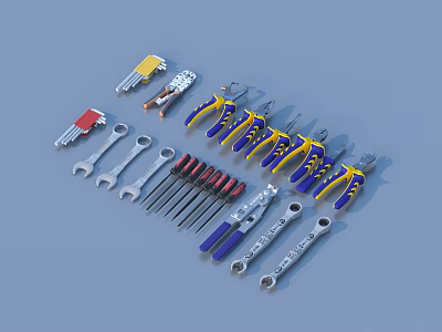 Assorted Hardware Tools Including Wrenches Pliers Screwdrivers In Various Colors Neatly Arranged 3d model