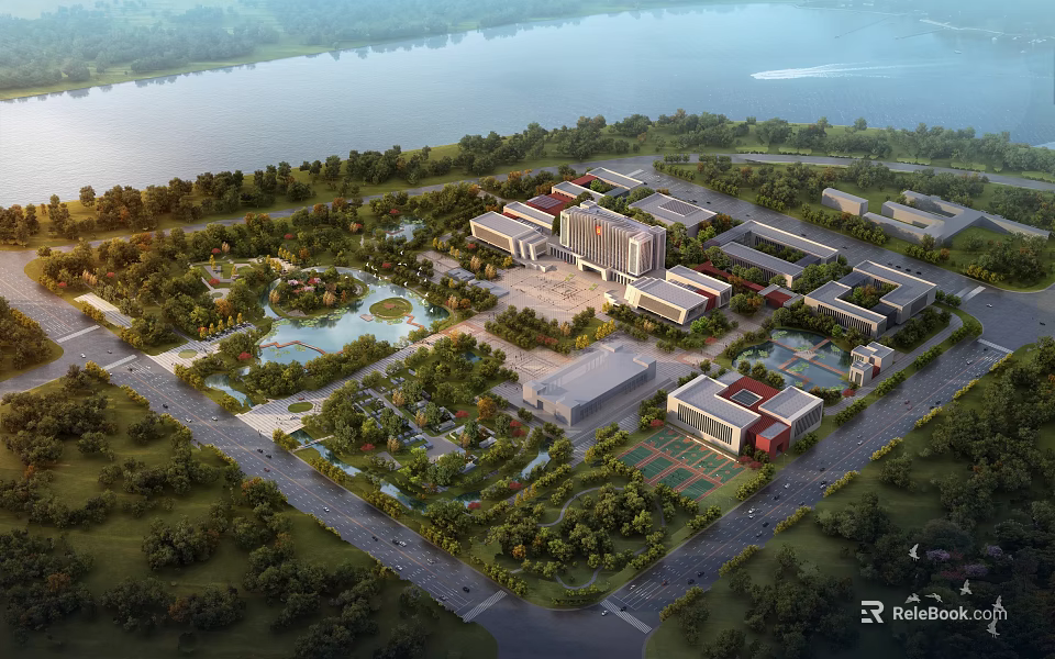 School Buildings Surrounded by Lake Trees and Gardens With Sports Fields 3d model 