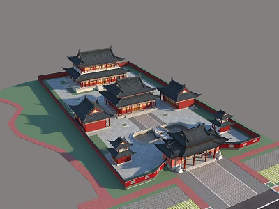 Traditional Chinese Ancient Architecture With Symmetrical Courtyard And Black Tiled Roofs 3d model