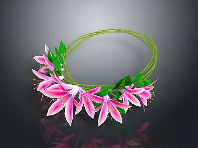 Circular Flower Wreath With Pink Flowers Green Leaves On Dark Background And Reflection 3d model