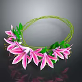 Circular Flower Wreath With Pink Flowers Green Leaves On Dark Background And Reflection