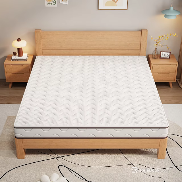 Comfortable White Mattress with Textured Surface Wooden Headboard and Nightstands Table Lamp 3d model 