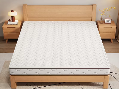 Comfortable White Mattress with Textured Surface Wooden Headboard and Nightstands Table Lamp 3d model