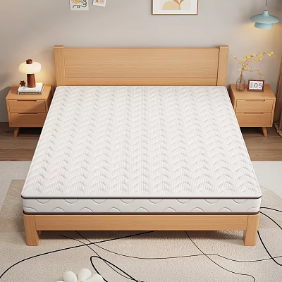 Comfortable White Mattress with Textured Surface Wooden Headboard and Nightstands Table Lamp 3d model