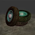 Stacked Tires With Blue Rims And Tread Patterns On Gray Floor And Walls