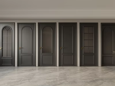Dark Hinged Doors With Various Designs Glass Panels And Metal Handles In Interior 3d model