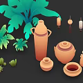 Various Green Tropical Plants With Large Leaves And Ceramic Pots