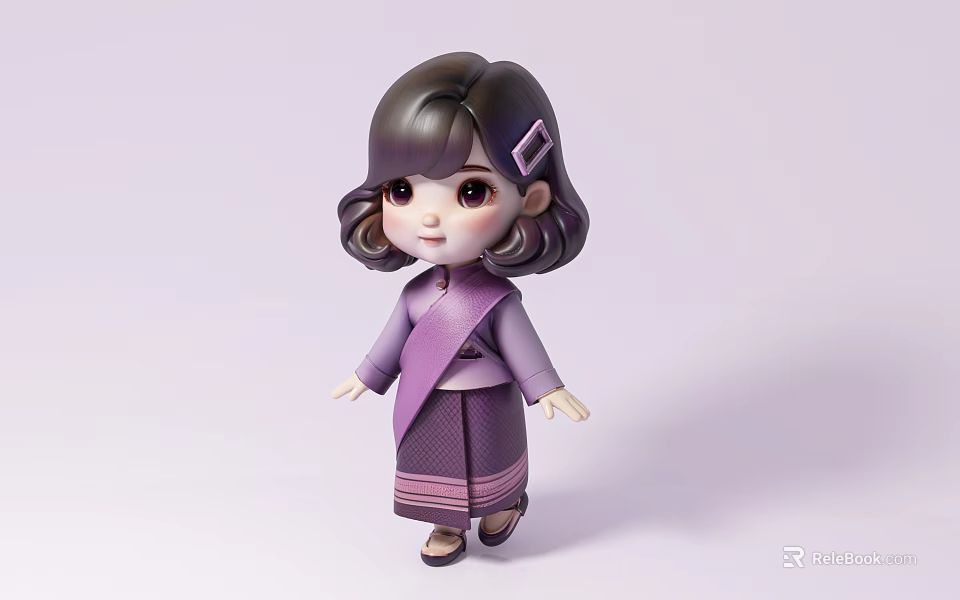 Young Girl in Purple Traditional Outfit with Short Hair and Hairpin Standing against Light Background 3d model 