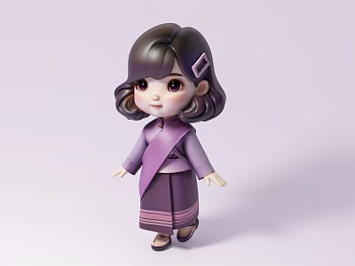 Young Girl in Purple Traditional Outfit with Short Hair and Hairpin Standing against Light Background 3d model