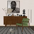 Dark Brown Console Cabinet With Decorative Items Green Armchair And Floor Lamp