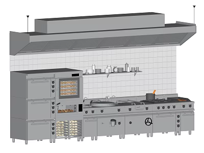 Commercial Kitchen Appliances With Stainless Steel Range Hood Oven Stove And Countertop 3d model