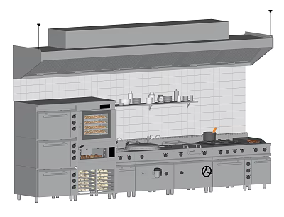 Commercial Kitchen Appliances With Stainless Steel Range Hood Oven Stove And Countertop 3d model