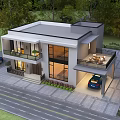 Modern Detached Villa Exterior Design With Courtyard Parking Area And Lush Greenery