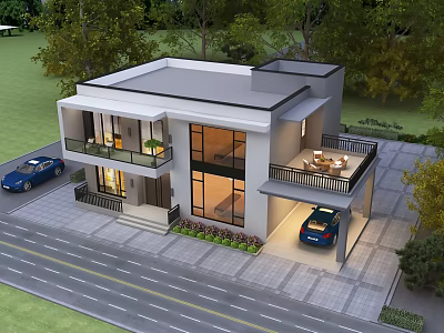 Modern Detached Villa Exterior Design With Courtyard Parking Area And Lush Greenery 3d model
