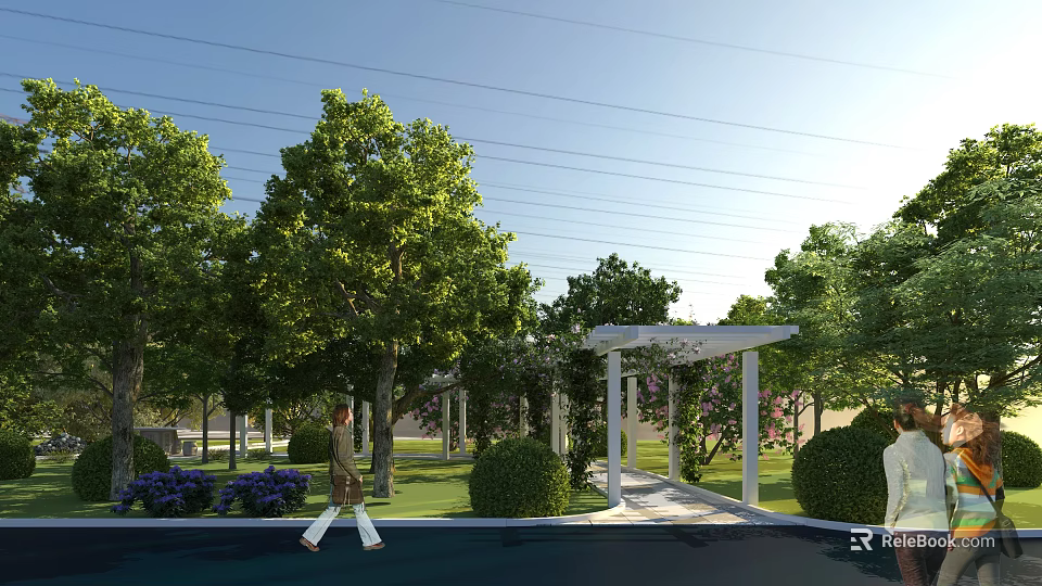 Scenic Garden Landscape With Tall Trees Green Grass Pergola Pathway And Walking Area 3d model 