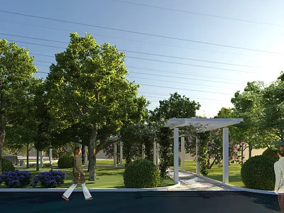 Scenic Garden Landscape With Tall Trees Green Grass Pergola Pathway And Walking Area 3d model