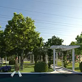 Scenic Garden Landscape With Tall Trees Green Grass Pergola Pathway And Walking Area