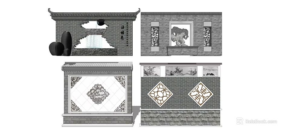 Chinese Traditional Building Exterior Wall Design with Carved Windows Brick Structure and Decorative Patterns 3d model 