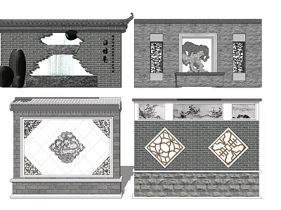 Chinese Traditional Building Exterior Wall Design with Carved Windows Brick Structure and Decorative Patterns 3d model