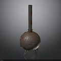 Rusty Vintage Metal Device With Spherical Base Three Legged Stand And Tall Slender Pipe
