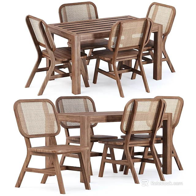 Wooden Dining Table With Wicker Backrest Chairs In Natural Rustic Design 3d model