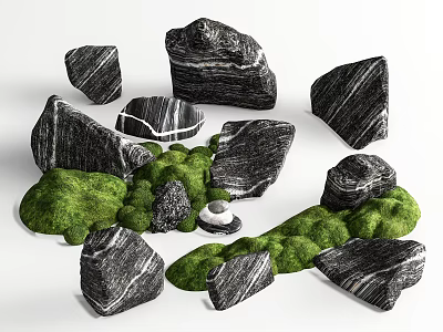 Natural Textured Stone and Wood Elements With Green Mossy Foliage and Organic Shapes 3d model