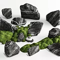Natural Textured Stone and Wood Elements With Green Mossy Foliage and Organic Shapes