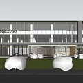Modern Office Building With Large Glass Curtain Walls Landscaped Lawn And Outdoor Seating Area 3d model