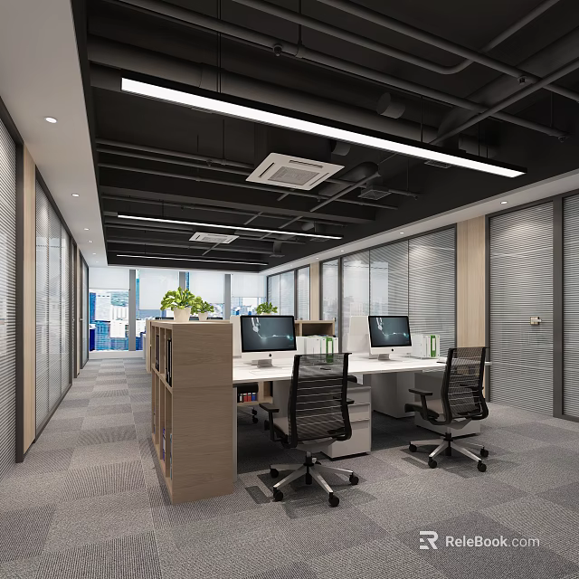 Modern Public Office Space Interior Design With Workstations Computers Glass Partitions And Linear Lights 3d model 