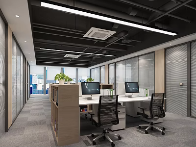 Modern Public Office Space Interior Design With Workstations Computers Glass Partitions And Linear Lights 3d model