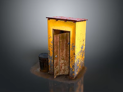 Small Yellow Building with Red Roof and Weathered Wooden Door and Trash Can Nearby 3d model