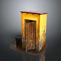 Small Yellow Building with Red Roof and Weathered Wooden Door and Trash Can Nearby