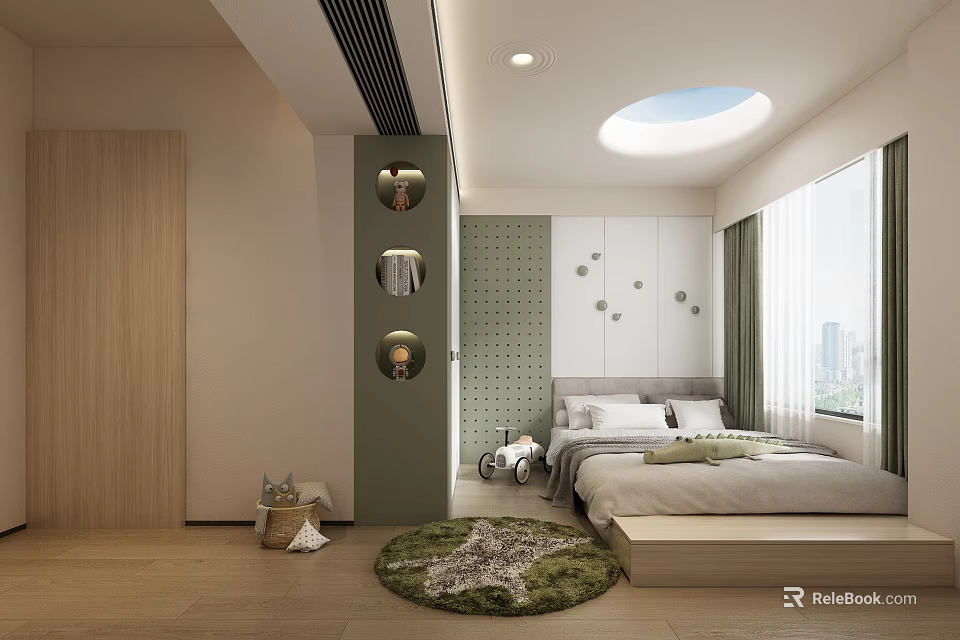 Modern Tatami Bedroom Interior Design With Round Skylight Decorative Wall And Green Rug 3d model 